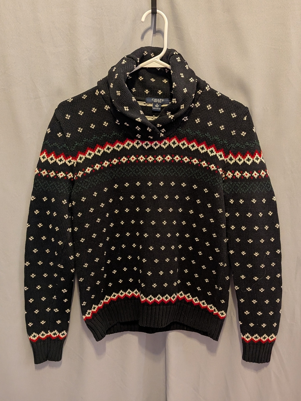 Chaps Navy Fair Isle Sweater With Shawl Collar All Cotton SMALL